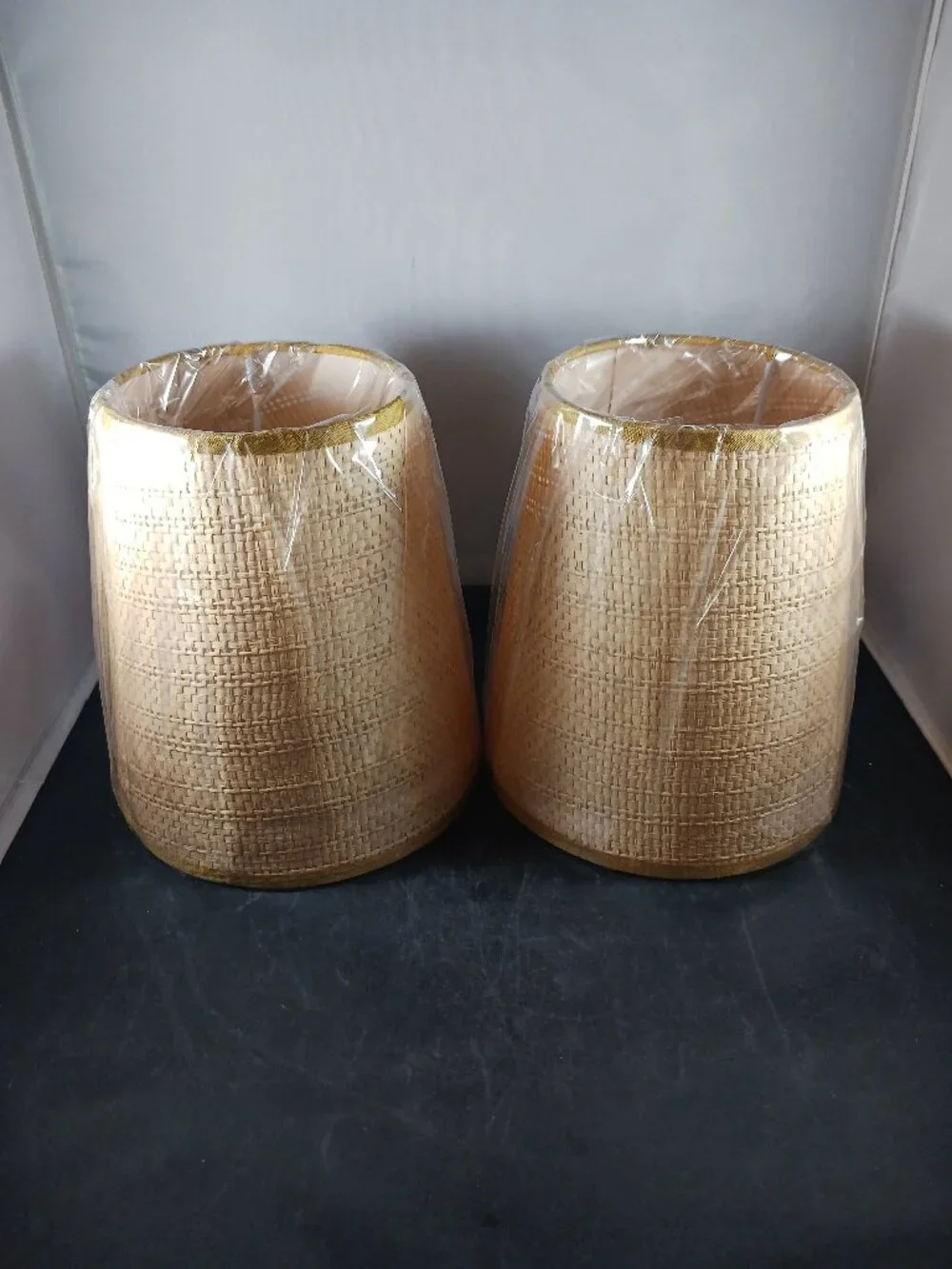 Vintage Woven Burlap Clip On Lamp Shades Pair Small Rustic Cottage